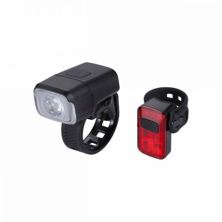 BBB Cycling kerékpáros lámpa szett BLS-164 NanoStrikeCombo, 400 és 10 lumen, 6 és 4 mód, micro USB tölthető 1000 és 300 mAh akku (első és hátsó), gumis felfogatással (BLS-134 helyettesítője)