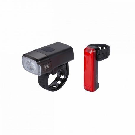 BBB Cycling kerékpáros lámpa szett BLS-165 NanoStrikeCombo, 600 és 20 lumen, 6 és 5 mód, micro USB tölthető 2000 és 300 mAh akku (első és hátsó), gumis felfogatással (BLS-133 helyettesítője)